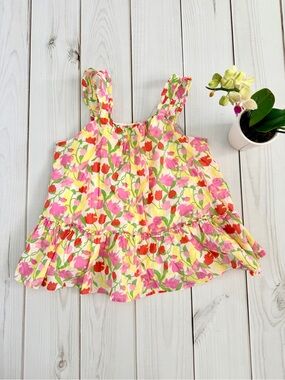 Janie and Jack Cotton Girls Floral Ruffle Tank Top - Pink, Red, Yellow